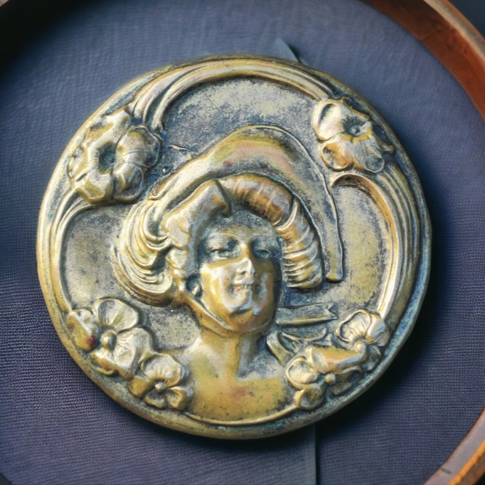 Antique Art Nouveau Gold Gilded Brass Repousse Hand Mirror